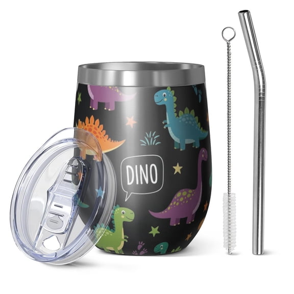 12oz Stemless Wine Tumblers Black Dinosaurs Speech Bubbles Pattern Vacuum Insulated Stainless Steel Travel Tumbler Cups Mug with Lid and Straw for Champaign,Cocktail,Beer with Cleaning Brush
