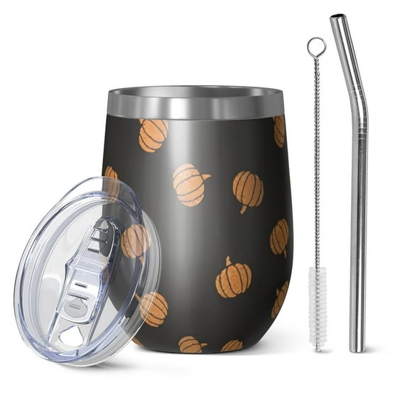 12oz Stemless Wine Tumblers Black Fall Pumpkin Pattern Vacuum Insulated Stainless Steel Travel Tumbler Cups Mug with Lid and Straw for Champaign,Cocktail,Beer with Cleaning Brush
