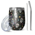 thumbnail image 1 of 12oz Stemless Wine Tumblers Black Festive Skull Pattern Vacuum Insulated Stainless Steel Travel Tumbler Cups Mug with Lid and Straw for Champaign,Cocktail,Beer with Cleaning Brush, 1 of 5