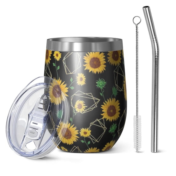 12oz Stemless Wine Tumblers Black Geometric Sunflower Pattern Vacuum Insulated Stainless Steel Travel Tumbler Cups Mug with Lid and Straw for Champaign,Cocktail,Beer with Cleaning Brush