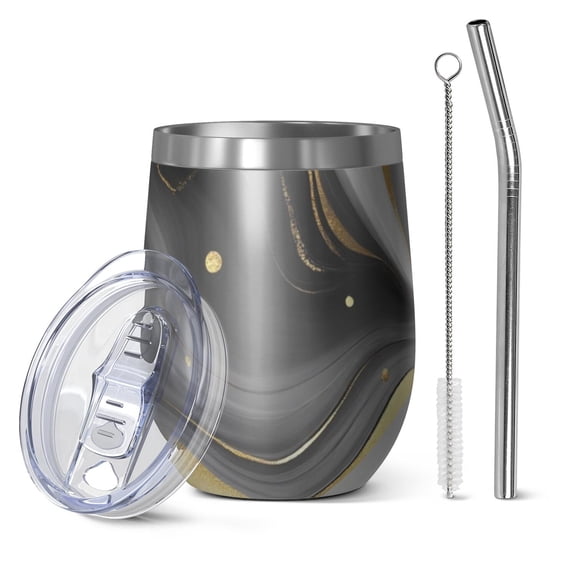 12oz Stemless Wine Tumblers Black and Gold Marble Glitter Splashes Pattern Vacuum Insulated Stainless Steel Travel Tumbler Cups Mug with Lid and Straw for Champaign,Cocktail,Beer with Cleaning Brush