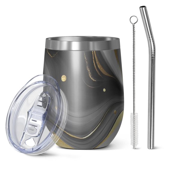 12oz Stemless Wine Tumblers Black and Gold Marble Glitter Splashes Pattern Vacuum Insulated Stainless Steel Travel Tumbler Cups Mug with Lid and Straw for Champaign,Cocktail,Beer with Cleaning Brush