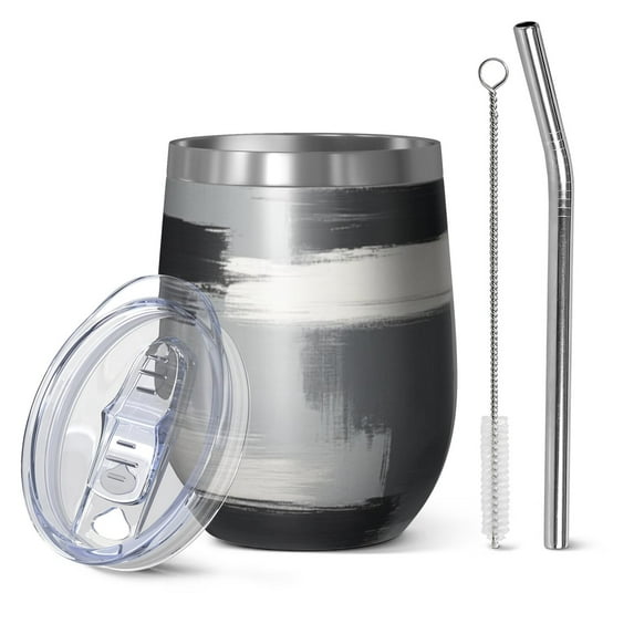 12oz Stemless Wine Tumblers Black and Grey Abstract Art Artwork Vacuum Insulated Stainless Steel Travel Tumbler Cups Mug with Lid and Straw for Champaign,Cocktail,Beer with Cleaning Brush