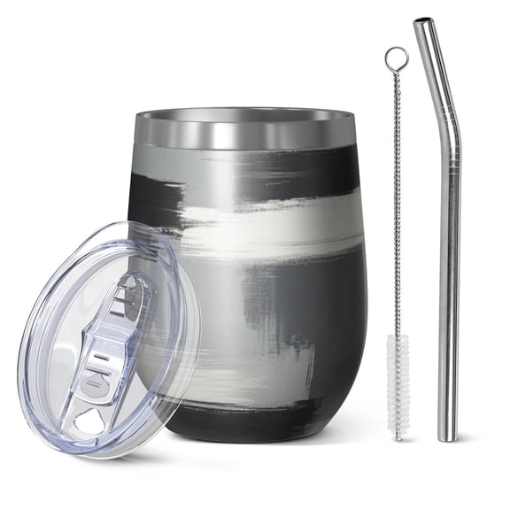 12oz Stemless Wine Tumblers Black and Grey Abstract Art Artwork Vacuum Insulated Stainless Steel Travel Tumbler Cups Mug with Lid and Straw for Champaign,Cocktail,Beer with Cleaning Brush