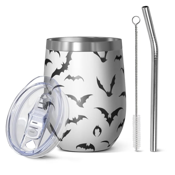 12oz Stemless Wine Tumblers Black Halloween Bats Vacuum Insulated Stainless Steel Travel Tumbler Cups Mug with Lid and Straw for Champaign,Cocktail,Beer with Cleaning Brush