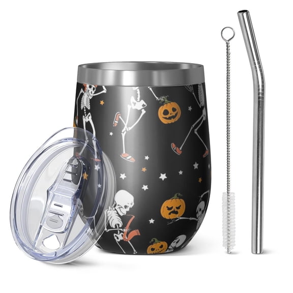 12oz Stemless Wine Tumblers Black Halloween Dancing Skeletons Vacuum Insulated Stainless Steel Travel Tumbler Cups Mug with Lid and Straw for Champaign,Cocktail,Beer with Cleaning Brush