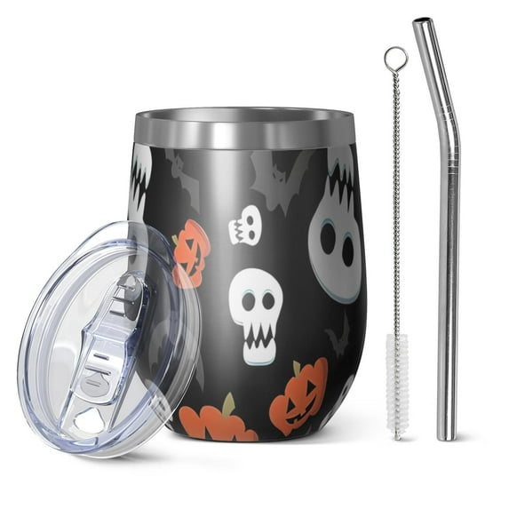 12oz Stemless Wine Tumblers Black Halloween Pumpkin Faces Vacuum Insulated Stainless Steel Travel Tumbler Cups Mug with Lid and Straw for Champaign,Cocktail,Beer with Cleaning Brush