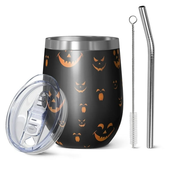 12oz Stemless Wine Tumblers Black Halloween Pumpkin Faces Vacuum Insulated Stainless Steel Travel Tumbler Cups Mug with Lid and Straw for Champaign,Cocktail,Beer with Cleaning Brush