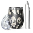 thumbnail image 1 of 12oz Stemless Wine Tumblers Black Halloween Spooky Elements Vacuum Insulated Stainless Steel Travel Tumbler Cups Mug with Lid and Straw for Champaign,Cocktail,Beer with Cleaning Brush, 1 of 5