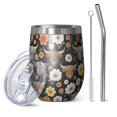 thumbnail image 1 of 12oz Stemless Wine Tumblers Black Highland Cow Flower Pattern Vacuum Insulated Stainless Steel Travel Tumbler Cups Mug with Lid and Straw for Champaign,Cocktail,Beer with Cleaning Brush, 1 of 5