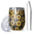 thumbnail image 1 of 12oz Stemless Wine Tumblers Black Small Sunflower Pattern Vacuum Insulated Stainless Steel Travel Tumbler Cups Mug with Lid and Straw for Champaign,Cocktail,Beer with Cleaning Brush, 1 of 5