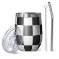 thumbnail image 1 of 12oz Stemless Wine Tumblers Black and White Checkered Pattern Vacuum Insulated Stainless Steel Travel Tumbler Cups Mug with Lid and Straw for Champaign,Cocktail,Beer with Cleaning Brush, 1 of 5