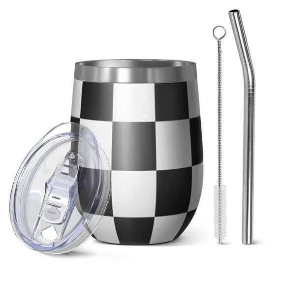 12oz Stemless Wine Tumblers Black and White Checkered Pattern Vacuum Insulated Stainless Steel Travel Tumbler Cups Mug with Lid and Straw for Champaign,Cocktail,Beer with Cleaning Brush