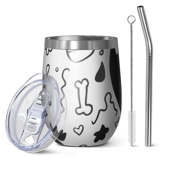 12oz Stemless Wine Tumblers Black and White Halloween Doodle Pattern Vacuum Insulated Stainless Steel Travel Tumbler Cups Mug with Lid and Straw for Champaign,Cocktail,Beer with Cleaning Brush