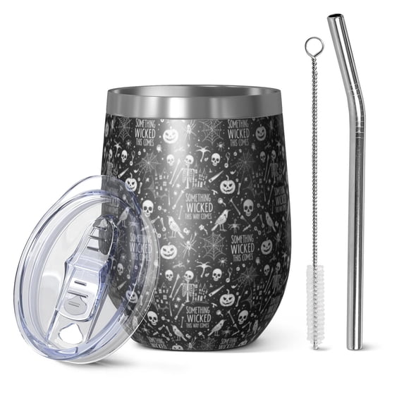 12oz Stemless Wine Tumblers Black White Halloween Skull Pattern Vacuum Insulated Stainless Steel Travel Tumbler Cups Mug with Lid and Straw for Champaign,Cocktail,Beer with Cleaning Brush