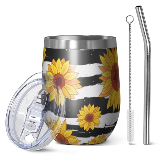 12oz Stemless Wine Tumblers Black White Stripe Sunflower Pattern Vacuum Insulated Stainless Steel Travel Tumbler Cups Mug with Lid and Straw for Champaign,Cocktail,Beer with Cleaning Brush