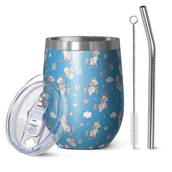 12oz Stemless Wine Tumblers Blue Cartoon Unicorn Gift Balloon Cloud Pattern Vacuum Insulated Stainless Steel Travel Tumbler Cups Mug with Lid and Straw for Champaign,Cocktail,Beer with Cleaning Brush