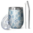 thumbnail image 1 of 12oz Stemless Wine Tumblers Blue Christmas Snowflake Pattern Vacuum Insulated Stainless Steel Travel Tumbler Cups Mug with Lid and Straw for Champaign,Cocktail,Beer with Cleaning Brush, 1 of 5