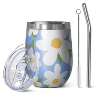 12oz Stemless Wine Tumblers Blue Daisy Flower Green Leaves Pattern Vacuum Insulated Stainless Steel Travel Tumbler Cups Mug with Lid and Straw for Champaign,Cocktail,Beer with Cleaning Brush