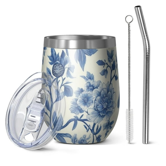 12oz Stemless Wine Tumblers Blue Pioneer Flower and Bird Vacuum Insulated Stainless Steel Travel Tumbler Cups Mug with Lid and Straw for Champaign,Cocktail,Beer with Cleaning Brush