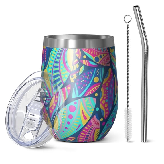12oz Stemless Wine Tumblers Blue Pioneer Flower and Leaf Pattern Vacuum Insulated Stainless Steel Travel Tumbler Cups Mug with Lid and Straw for Champaign,Cocktail,Beer with Cleaning Brush