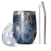 12oz Stemless Wine Tumblers Blue Sun Moon Star Pattern Vacuum Insulated Stainless Steel Travel Tumbler Cups Mug with Lid and Straw for Champaign,Cocktail,Beer with Cleaning Brush