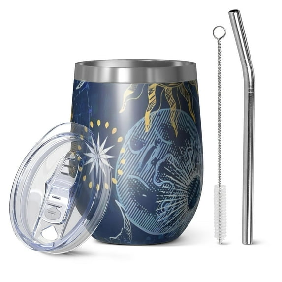 12oz Stemless Wine Tumblers Blue Sun Moon Star Pattern Vacuum Insulated Stainless Steel Travel Tumbler Cups Mug with Lid and Straw for Champaign,Cocktail,Beer with Cleaning Brush