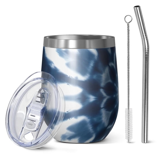 12oz Stemless Wine Tumblers Blue Tie Dye Flower Mandala Pattern Vacuum Insulated Stainless Steel Travel Tumbler Cups Mug with Lid and Straw for Champaign,Cocktail,Beer with Cleaning Brush