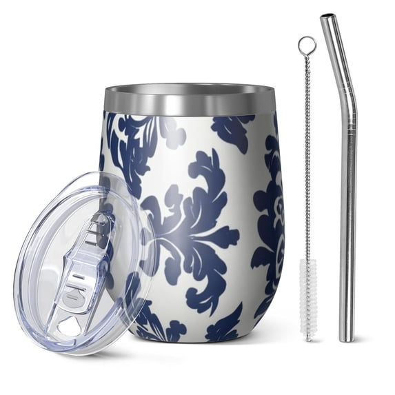 12oz Stemless Wine Tumblers Blue and White Pioneer Flower Vacuum Insulated Stainless Steel Travel Tumbler Cups Mug with Lid and Straw for Champaign,Cocktail,Beer with Cleaning Brush