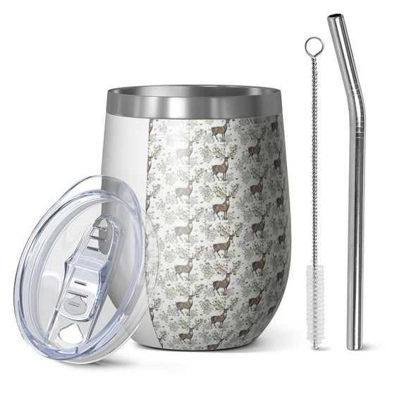 12oz Stemless Wine Tumblers Brown Christmas Deer Pattern Vacuum Insulated Stainless Steel Travel Tumbler Cups Mug with Lid and Straw for Champaign,Cocktail,Beer with Cleaning Brush