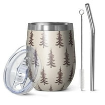 12oz Stemless Wine Tumblers Brown Christmas Tree Pattern Vacuum Insulated Stainless Steel Travel Tumbler Cups Mug with Lid and Straw for Champaign,Cocktail,Beer with Cleaning Brush