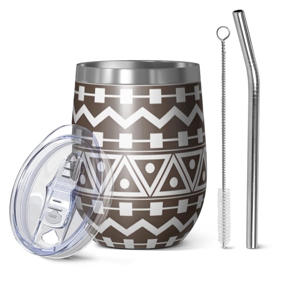 12oz Stemless Wine Tumblers Brown and White Geometric Pattern Vacuum Insulated Stainless Steel Travel Tumbler Cups Mug with Lid and Straw for Champaign,Cocktail,Beer with Cleaning Brush