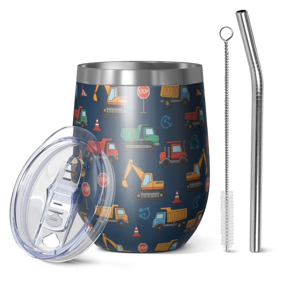 12oz Stemless Wine Tumblers Cartoon Construction Vehicles Traffic Signs Vacuum Insulated Stainless Steel Travel Tumbler Cups Mug with Lid and Straw for Champaign,Cocktail,Beer with Cleaning Brush