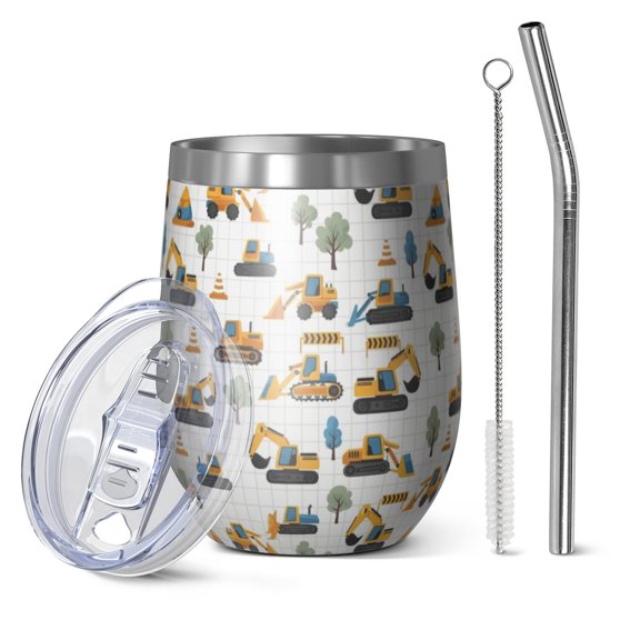 12oz Stemless Wine Tumblers Cartoon Construction Vehicles Trees White Vacuum Insulated Stainless Steel Travel Tumbler Cups Mug with Lid and Straw for Champaign,Cocktail,Beer with Cleaning Brush