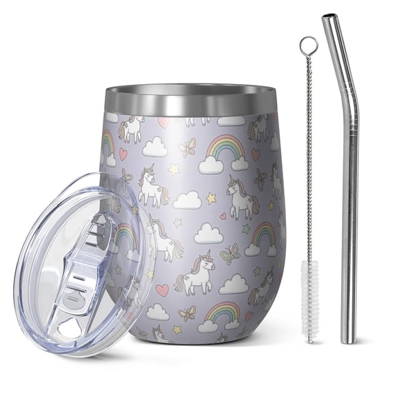 12oz Stemless Wine Tumblers Cartoon Unicorn Rainbow Cloud Butterfly Heart Vacuum Insulated Stainless Steel Travel Tumbler Cups Mug with Lid and Straw for Champaign,Cocktail,Beer with Cleaning Brush