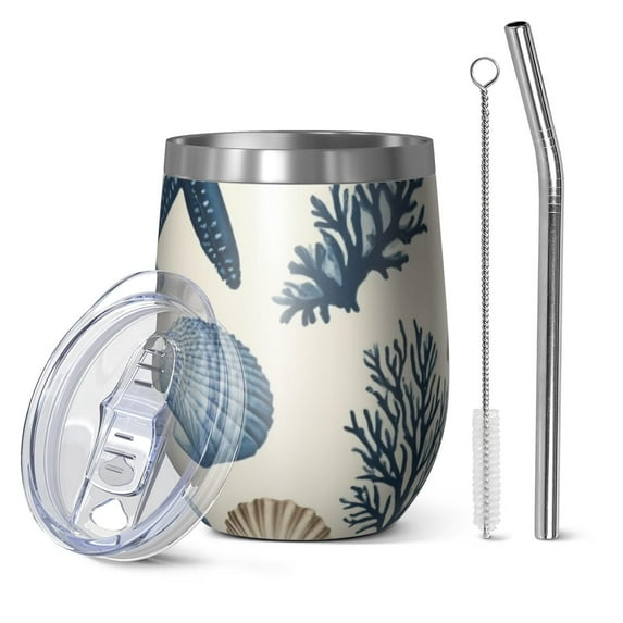 12oz Stemless Wine Tumblers Coastal Coral Starfish Vacuum Insulated Stainless Steel Travel Tumbler Cups Mug with Lid and Straw for Champaign,Cocktail,Beer with Cleaning Brush