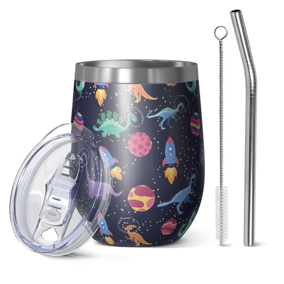12oz Stemless Wine Tumblers Colorful Dinosaurs Rockets Pattern Vacuum Insulated Stainless Steel Travel Tumbler Cups Mug with Lid and Straw for Champaign,Cocktail,Beer with Cleaning Brush
