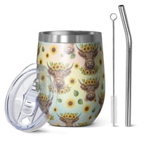 12oz Stemless Wine Tumblers Colorful Highland Cow Sunflower Pattern Vacuum Insulated Stainless Steel Travel Tumbler Cups Mug with Lid and Straw for Champaign,Cocktail,Beer with Cleaning Brush