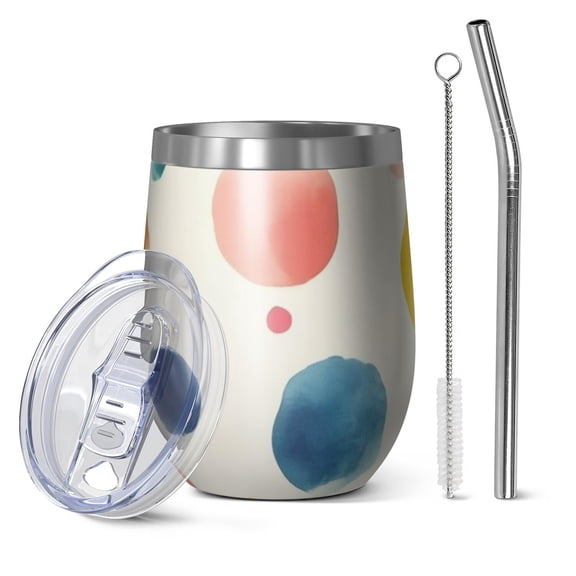 12oz Stemless Wine Tumblers Colorful Polka Dot Pattern Vacuum Insulated Stainless Steel Travel Tumbler Cups Mug with Lid and Straw for Champaign,Cocktail,Beer with Cleaning Brush