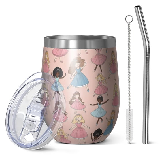 12oz Stemless Wine Tumblers Colorful Princess Dance Pattern Vacuum Insulated Stainless Steel Travel Tumbler Cups Mug with Lid and Straw for Champaign,Cocktail,Beer with Cleaning Brush
