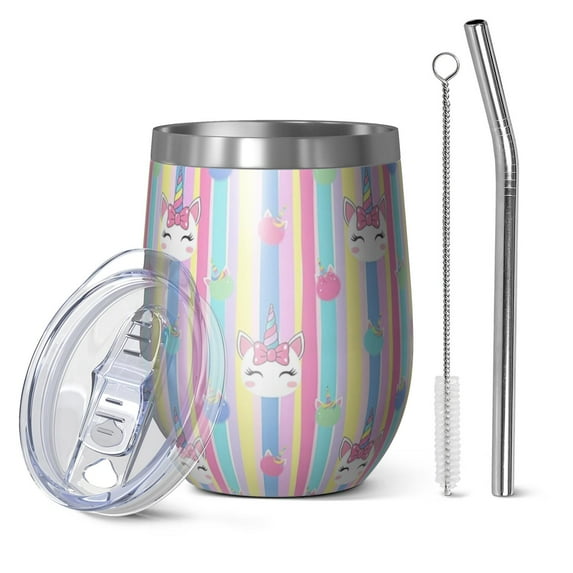 12oz Stemless Wine Tumblers Colorful Striped Cartoon Unicorn Pattern Vacuum Insulated Stainless Steel Travel Tumbler Cups Mug with Lid and Straw for Champaign,Cocktail,Beer with Cleaning Brush