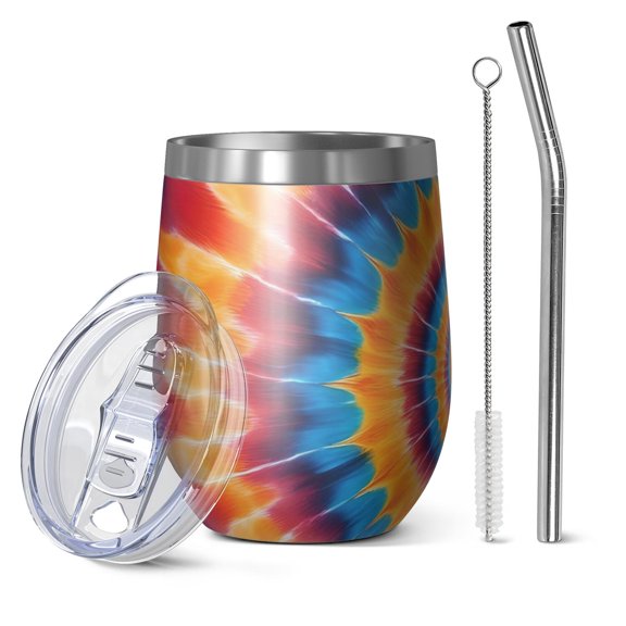12oz Stemless Wine Tumblers Colorful Tie Dye Concentric Circles Vacuum Insulated Stainless Steel Travel Tumbler Cups Mug with Lid and Straw for Champaign,Cocktail,Beer with Cleaning Brush