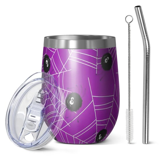 12oz Stemless Wine Tumblers Cute Spider Web Halloween Pattern Vacuum Insulated Stainless Steel Travel Tumbler Cups Mug with Lid and Straw for Champaign,Cocktail,Beer with Cleaning Brush