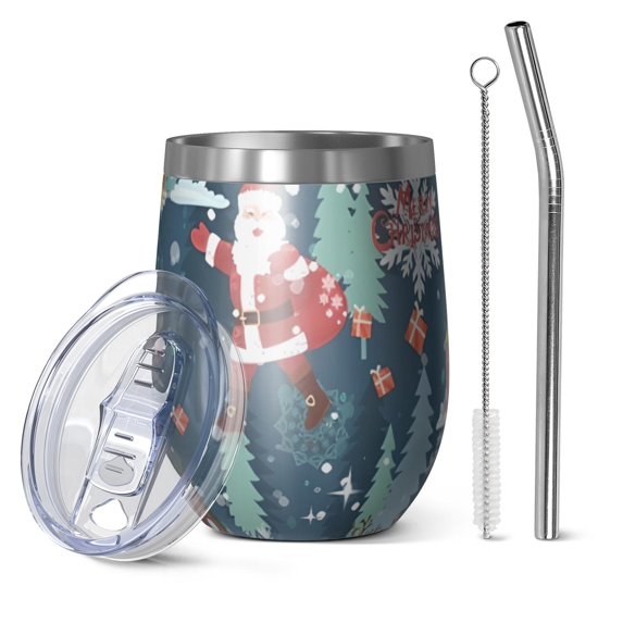 12oz Stemless Wine Tumblers Dark Blue Christmas Santa Pattern Vacuum Insulated Stainless Steel Travel Tumbler Cups Mug with Lid and Straw for Champaign,Cocktail,Beer with Cleaning Brush