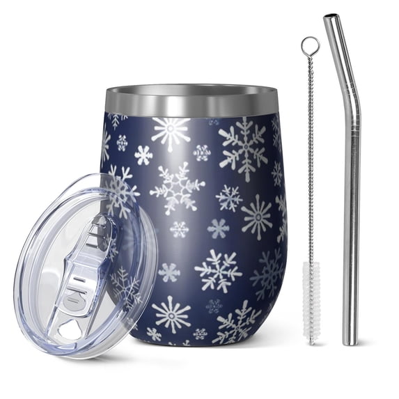 12oz Stemless Wine Tumblers Dark Blue Christmas Snowflake Pattern Vacuum Insulated Stainless Steel Travel Tumbler Cups Mug with Lid and Straw for Champaign,Cocktail,Beer with Cleaning Brush