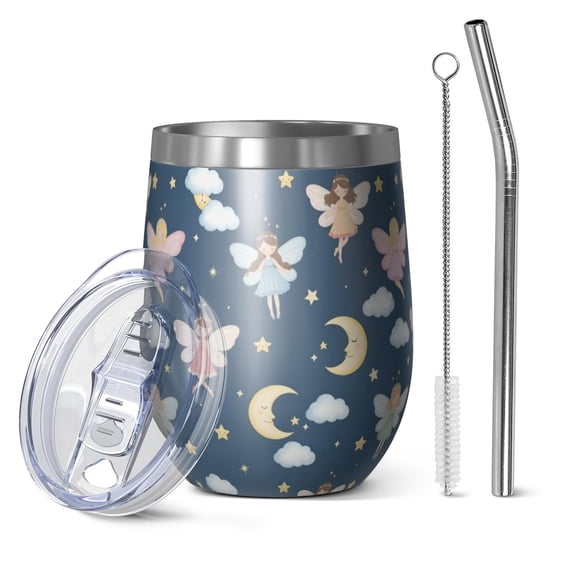 12oz Stemless Wine Tumblers Dark Blue Fairy Moon Princess Pattern Vacuum Insulated Stainless Steel Travel Tumbler Cups Mug with Lid and Straw for Champaign,Cocktail,Beer with Cleaning Brush