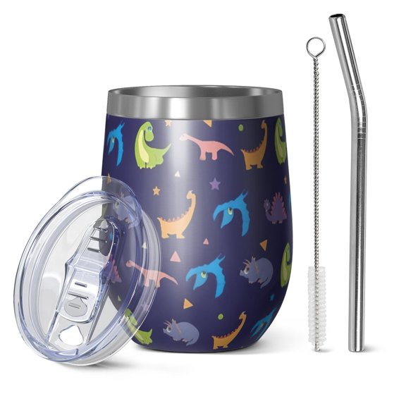 12oz Stemless Wine Tumblers DarkBlue Dinosaurs with Shapes Pattern Vacuum Insulated Stainless Steel Travel Tumbler Cups Mug with Lid and Straw for Champaign,Cocktail,Beer with Cleaning Brush