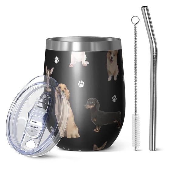12oz Stemless Wine Tumblers Dog Breeds Vacuum Insulated Stainless Steel Travel Tumbler Cups Mug with Lid and Straw for Champaign,Cocktail,Beer with Cleaning Brush