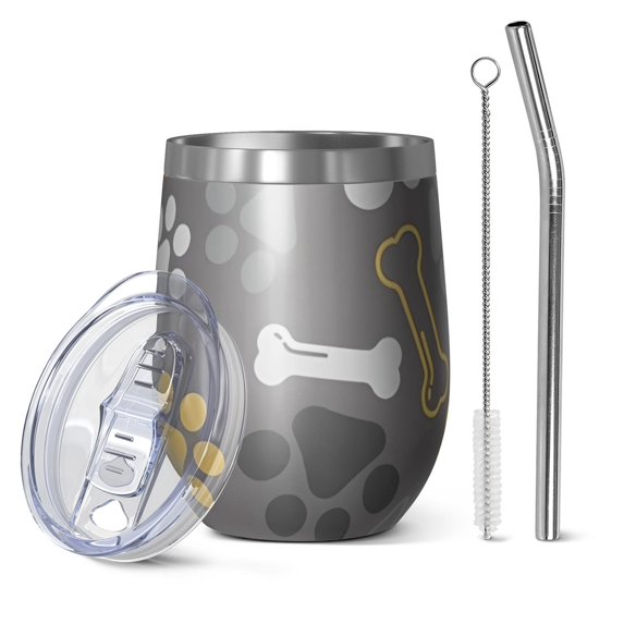 12oz Stemless Wine Tumblers Dog Paw and Bone Vacuum Insulated Stainless Steel Travel Tumbler Cups Mug with Lid and Straw for Champaign,Cocktail,Beer with Cleaning Brush