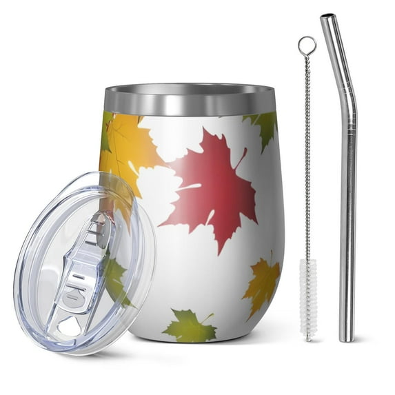 12oz Stemless Wine Tumblers Fall Leaves Vacuum Insulated Stainless Steel Travel Tumbler Cups Mug with Lid and Straw for Champaign,Cocktail,Beer with Cleaning Brush